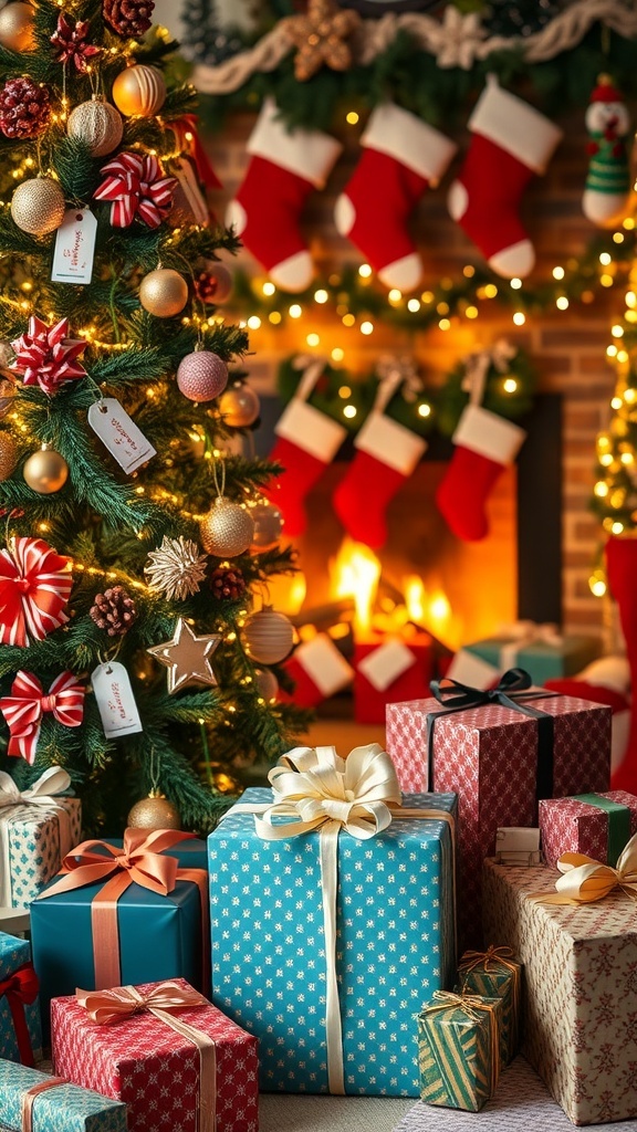A decorated Christmas tree with colorful gifts underneath, a cozy fireplace in the background.